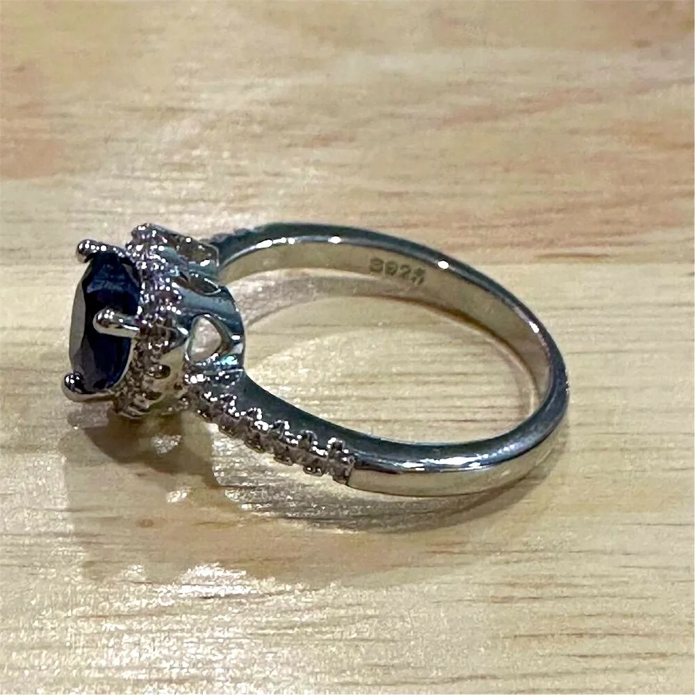 Simulated‎ Sapphire Heart Halo Ring 925 Sterling Silver Size 7.75